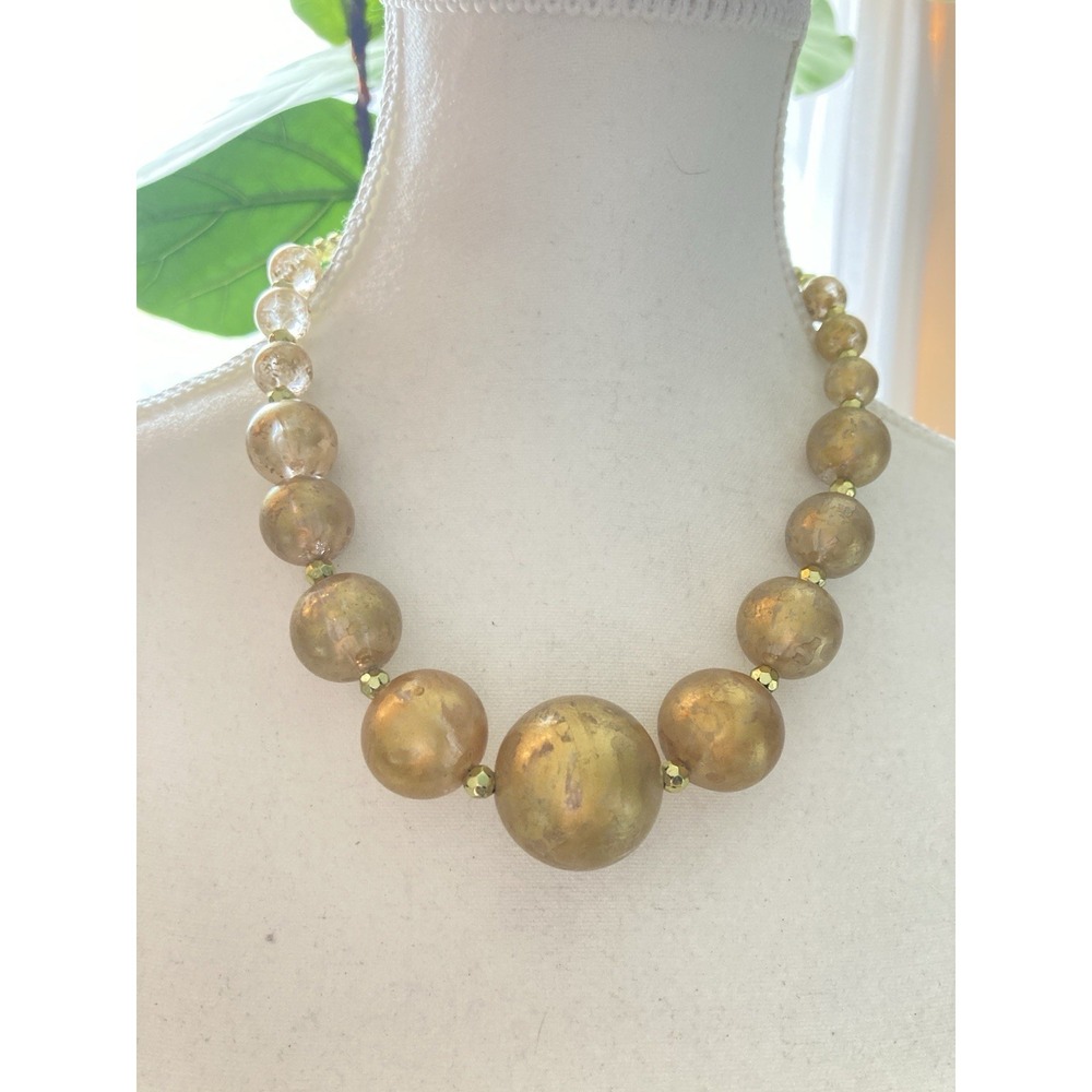 Gold‎ Tone Foil Glass Bead Necklace Graduated Round Beaded Statement Chunky
